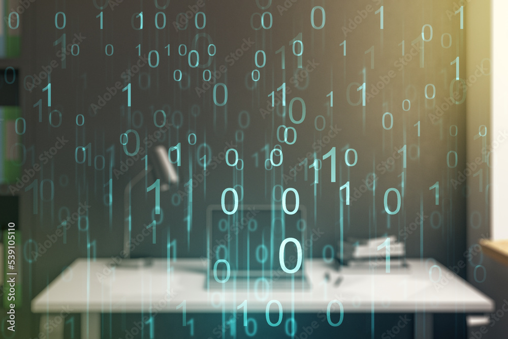 Fototapete creative abstract binary code hologram and modern desktop with pc on background, ai and machine lear
