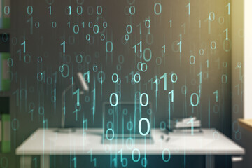 Creative abstract binary code hologram and modern desktop with pc on background, AI and machine learning concept. Multiexposure