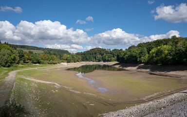Drought in Germany, low water in Henne lake, Sauerland, Germany