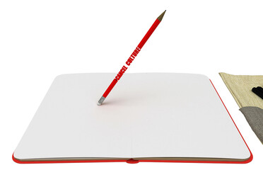 Totally white notebook with blank pages and deleted content erased by pencils with eraser, without written words, metaphorically represents cancel culture and historical revisionism, 3d illustration