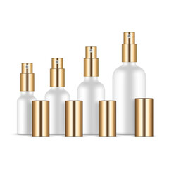 Set of Perfume Bottles With Gold Sprayers and Caps, Isolated on White Background. Vector Illustration