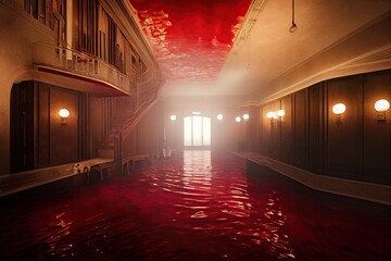 An intense, horrifying haunted hotel of horrors with rivers of blood flowing through the hall and rooms. 3D illustration of Halloween for horror theme backgrounds. - obrazy, fototapety, plakaty