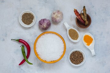 Prepared Ingredients for cooking salt with spices, Svan salt on a light concrete background. Recipes for spices, spicy salt.