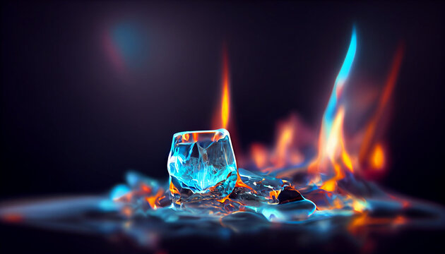 ice glass. Cold winter frozen ice cubes emit heat and flame. Inspired by song of ice and fire mythology. Fire contained inside ice crystal, inner fire inside glass