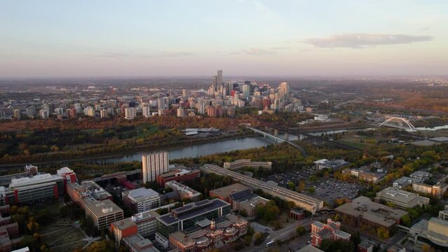 Aerial view over the University Area, towards the North Saskatchewan river and the Edmonton cityscape, sunset in Alberta, Canada
