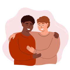 A couple of men hugs, smiles. Friends, students are glad to meet you. Gay people are happy together. Vector graphics.