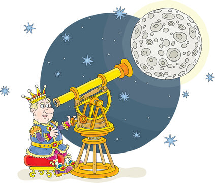 Angry king in his golden crown watching the Moon in the night starry sky through an old telescope, vector cartoon illustration on a white background