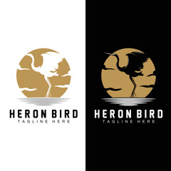 Bird Heron Stork Logo Design, Birds Heron Flying On The River Vector, Product Brand Illustration