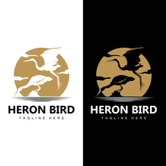 Bird Heron Stork Logo Design, Birds Heron Flying On The River Vector, Product Brand Illustration