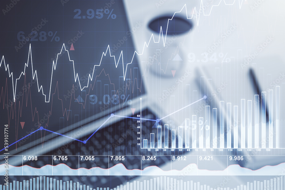 Poster multi exposure of abstract financial diagram on computer background, banking and accounting concept