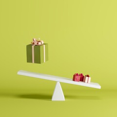 Green and small red gift box playing float on seesaw on green background. minimal idea funny concept. 3D Render. 