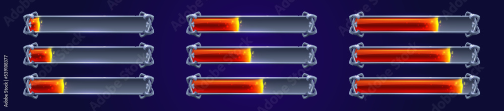 Poster game loading progress bars with glowing red lava. cartoon gui elements, full and empty status and re