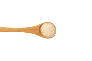 Gelatin granulated or gelatine powder in wooden spoon isolated on white background, close-up. Food additive E441, Hydrolyzed collagen used for will form a jelly or gel naturally
