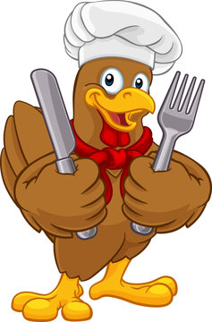 A chef chicken rooster cockerel cartoon character mascot holding knife and fork cutlery
