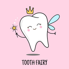 Cute tooth fairy  wearing crown and holding a star magic wand. Tooth fairy with wings on a pink background. Dental cute Illustration for children dentist cabinet, pediatric dentistry.