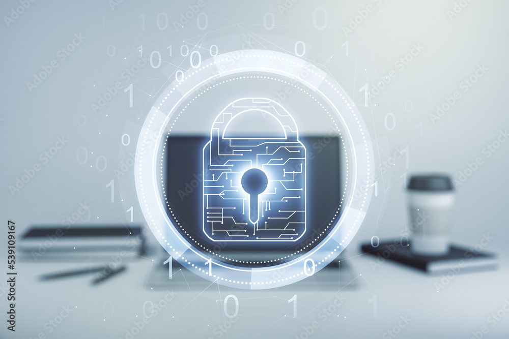 Poster double exposure of creative lock hologram with chip on laptop background. information security conce
