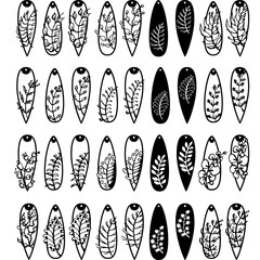 Silhouette earrings. Jewelry collection. Isolated teardrop-shaped pendants. Lots of black earrings with plants. For needlework and sublimation