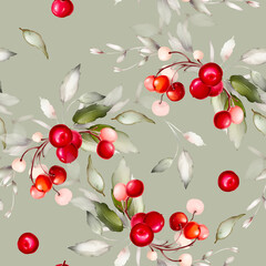 Seamless christmas pattern with berries and branches in a watercolor style