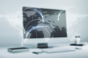 Double exposure of abstract digital world map with connections on laptop background, research and strategy concept