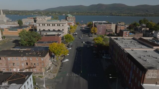 flying over Main St. in Newburgh NY towards Hudson River
