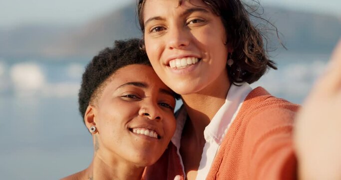 Selfie, beach and lesbian couple on holiday at the ocean in Miami together during summer. Face portrait of lgbtq women with photo on travel vacation by the sea for love, adventure and happiness