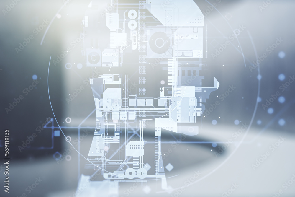 Poster Double exposure of creative artificial Intelligence hologram on empty modern office background. Neural networks and machine learning concept