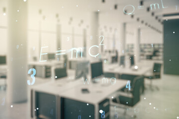 Double exposure of scientific formula hologram on modern corporate office background, research and development concept