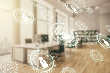 Double exposure of abstract virtual social network icons on modern corporate office background....