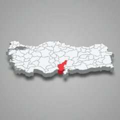 Adana region location within Turkey 3d map