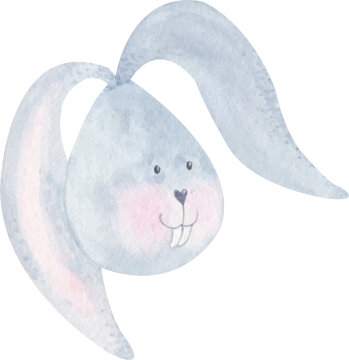 Web Head of a cute toothy rabbit with long ears. Single vector object isolated on white. Watercolor illustration for the design of children's clothing, bed linen, diapers, children's room, newborn