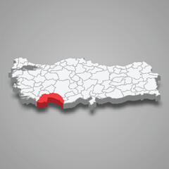 Antalya region location within Turkey 3d map