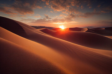 Panorama banner of sand dunes Sahara Desert at sunset. Endless dunes of yellow sand. Desert landscape Waves sand nature    - obrazy, fototapety, plakaty