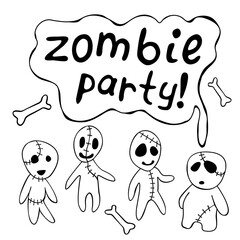 A poster, a Halloween card with cute funny contour zombies and the inscription-Zombie party. Festive title for invitation, party poster