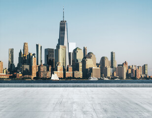 Empty concrete dirty embankment on the background of a beautiful NY city skyline at morning, mock up