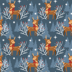 Fototapeta na wymiar Deer on winter forest. Christmas print. Seamless pattern.