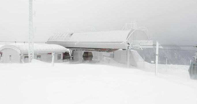 Ski lift cabin after winter storm