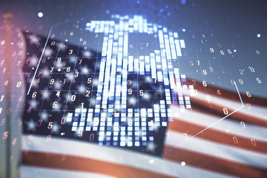 Virtual Bitcoin hologram on USA flag and sunset sky background. Multiexposure