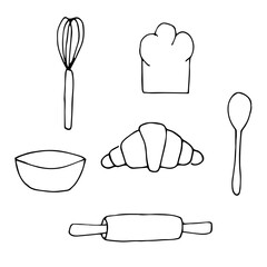 Baking and equipment set vector illustration, hand drawing doodles
