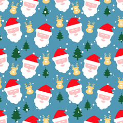 Christmas seamless pattern with santa and reindeer head on falling snow background. Seasonal celebration abstract surface. Christmas character vector illustration.