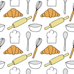 Baking and equipment seamless pattern vector illustration, hand drawing doodles