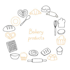 Baking and tableware frame vector illustration, hand drawing doodles