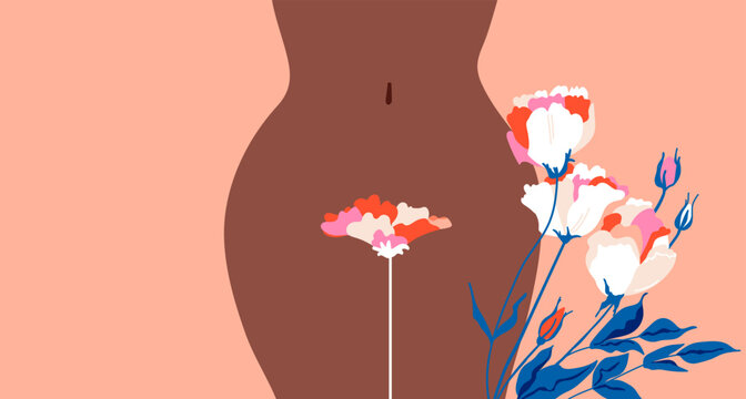 Women's health. Female dark hips. Bikini line.  The topic of female intimate depilation and hygiene. Roses, leaves. Vector