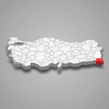 Hakkari region location within Turkey 3d map