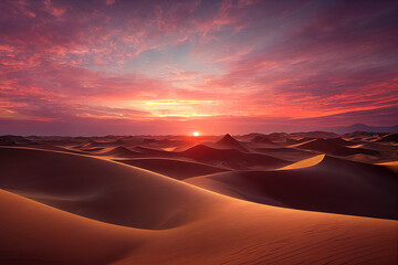 Breathtaking sunset over Sahara Desert sand dunes. Majestic golden hues illuminate the undulating dunes, showcasing nature's artistry. Ideal for Sahara Desert and sunset enthusiasts       