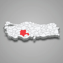 Konya region location within Turkey 3d map