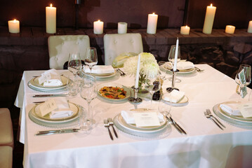 Decorated plate with fork and spoon. wedding Table restaurant