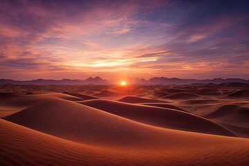 Fototapeta na wymiar Mesmerizing view of vast sand dunes in the Sahara Desert, bathed in golden sunrise hues, showcasing nature's artistry. Perfect embodiment of untouched beauty and tranquility 