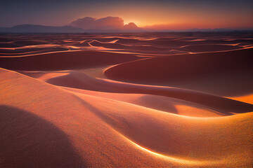 Obraz na płótnie Canvas Panorama banner of sand dunes Sahara Desert at sunset. Endless dunes of yellow sand. Desert landscape Waves sand nature