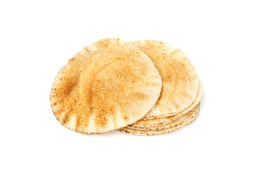 Wheaten Pita Flat Bread Stack Isolated, Flatbread, Chapati, Naan, Tortilla on White Background