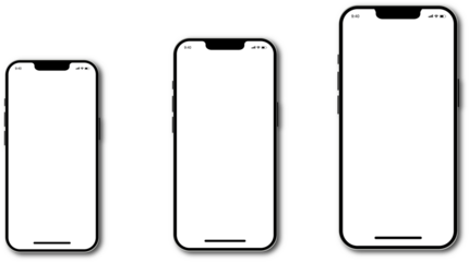 Realistic models of smartphones with transparent screens. Modern popular phones. Front view of the device. Smartphone mockup collection. Mobile phone with shadow on a transparent background. PNG image